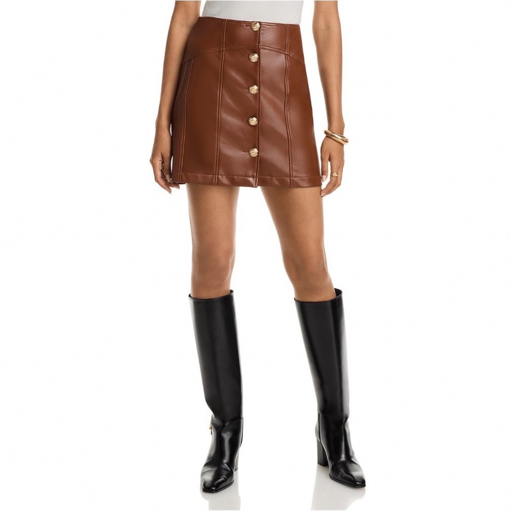 Cinq a Sept Claudia Faux Vegan Leather Mini‎ Skirt Dark Sepia Brown Size 8